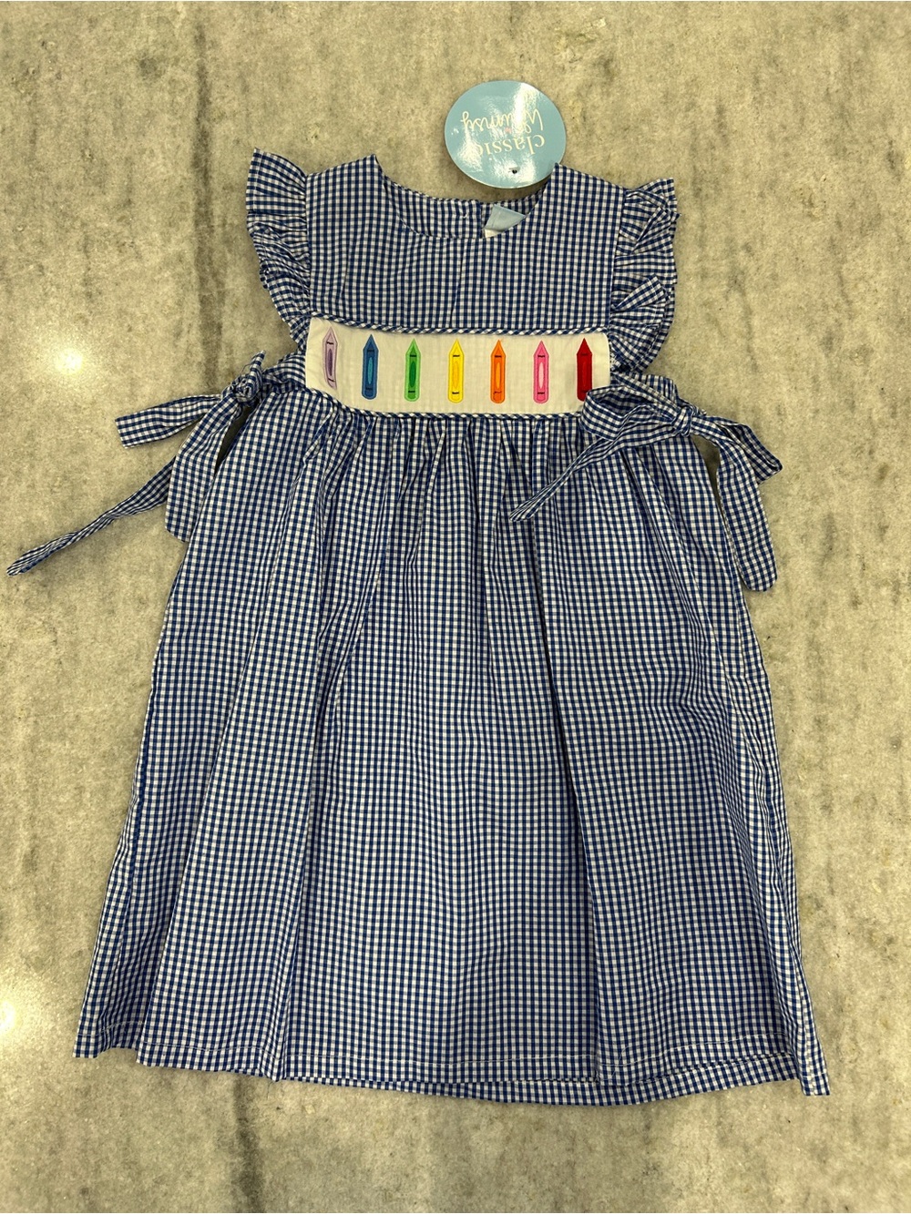 Classic Whimsy Rainbow Crayon Blue Gingham Avery Dress Size 6